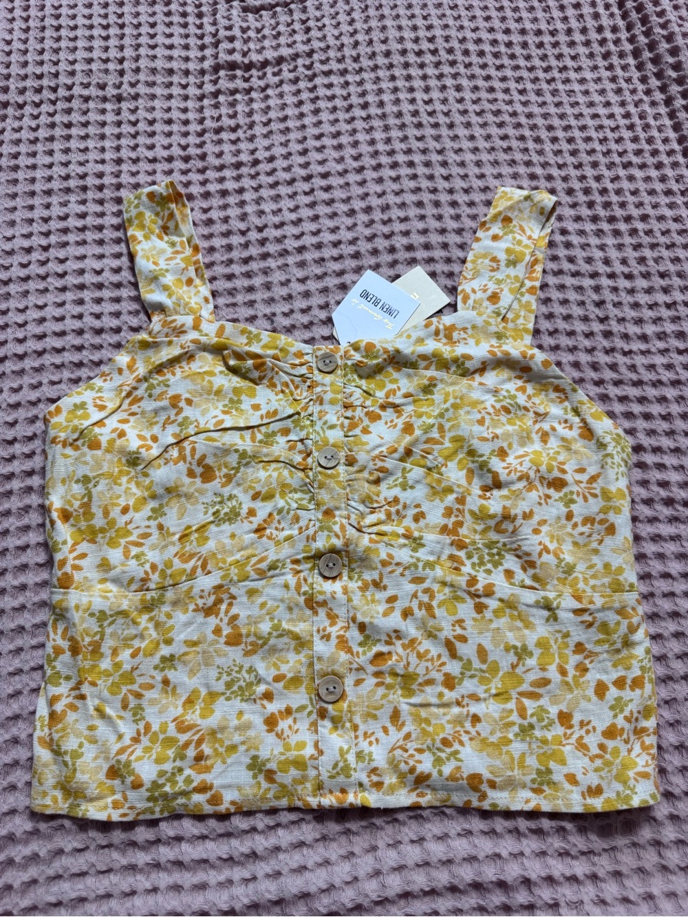 Button-Front Yellow Floral Crop Tank Top